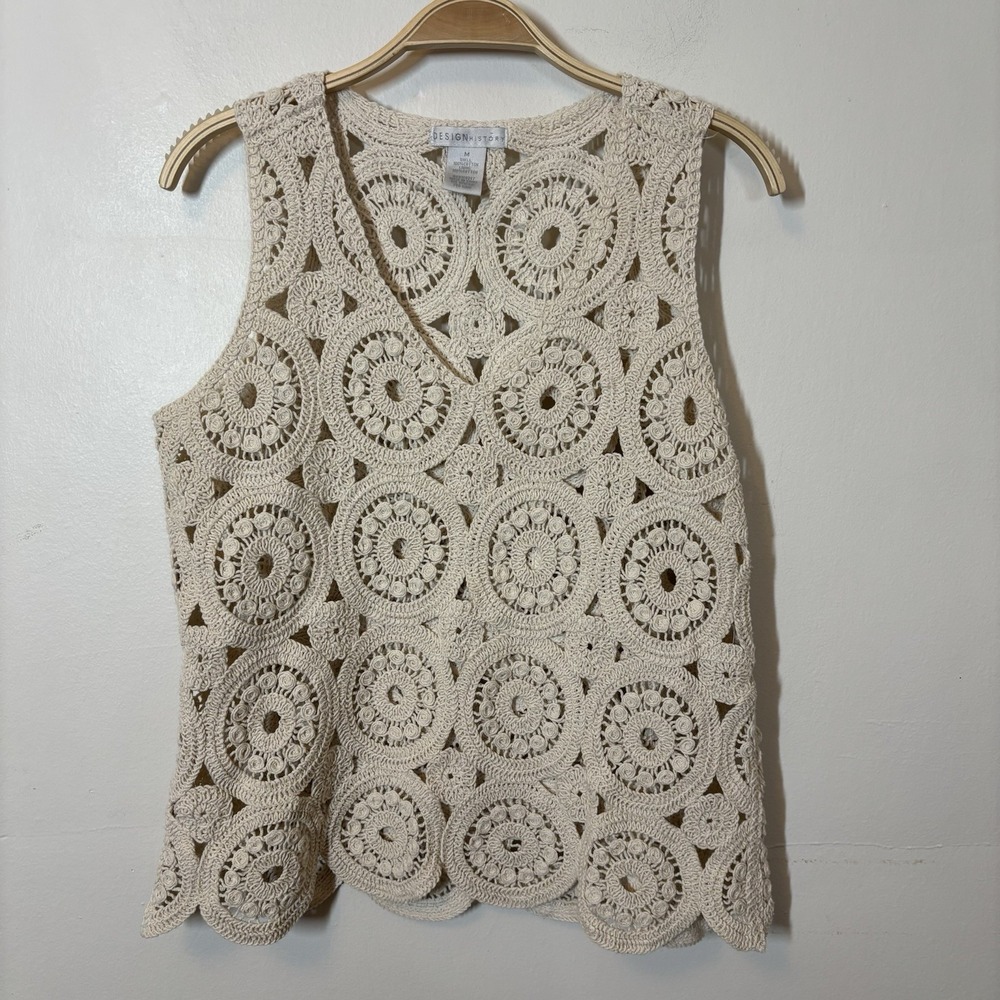 Women's Crochet Tank Top Cream‎ Boho Knit Sleeveless M Cotton Design History